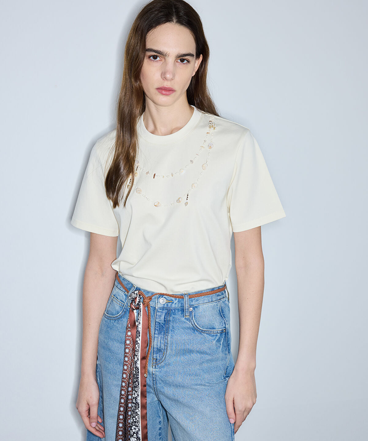 T-Shirt with Bead and Seashell Applique
