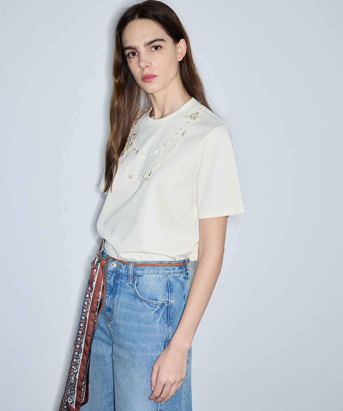 T-Shirt with Bead and Seashell Applique