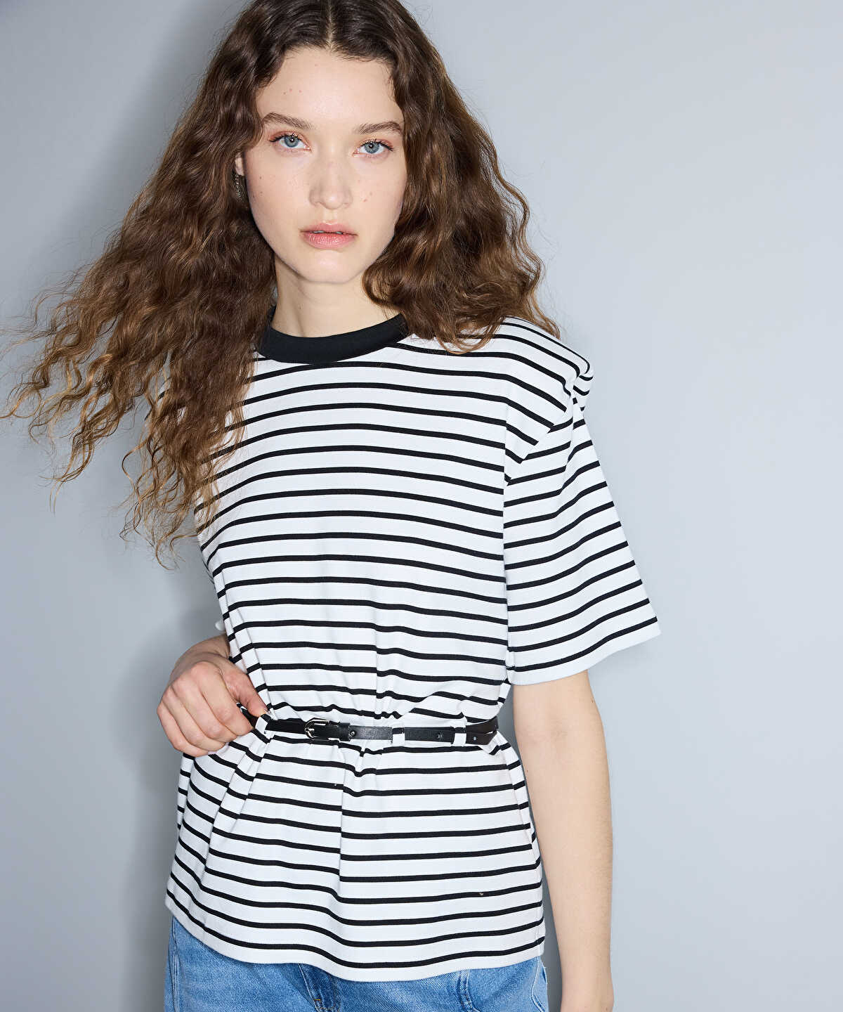 Striped T-Shirt with Shoulder Pads