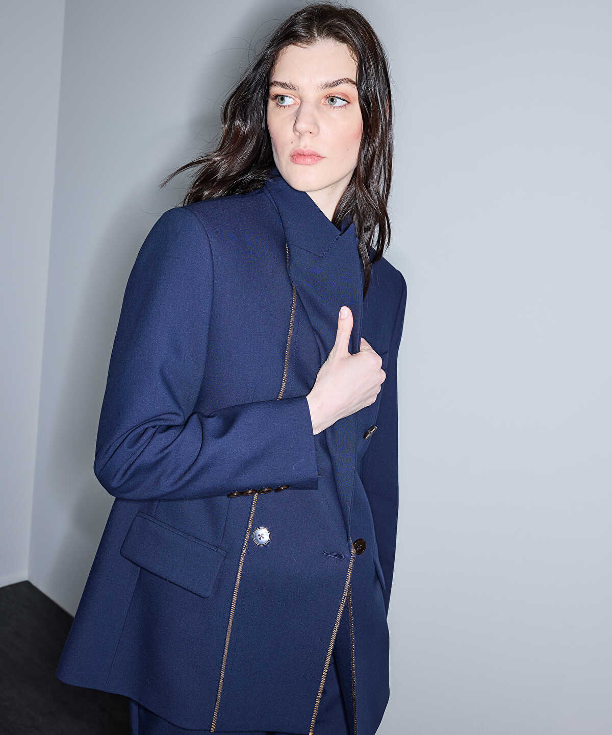 Contrast Stitch Double-Breasted Blazer