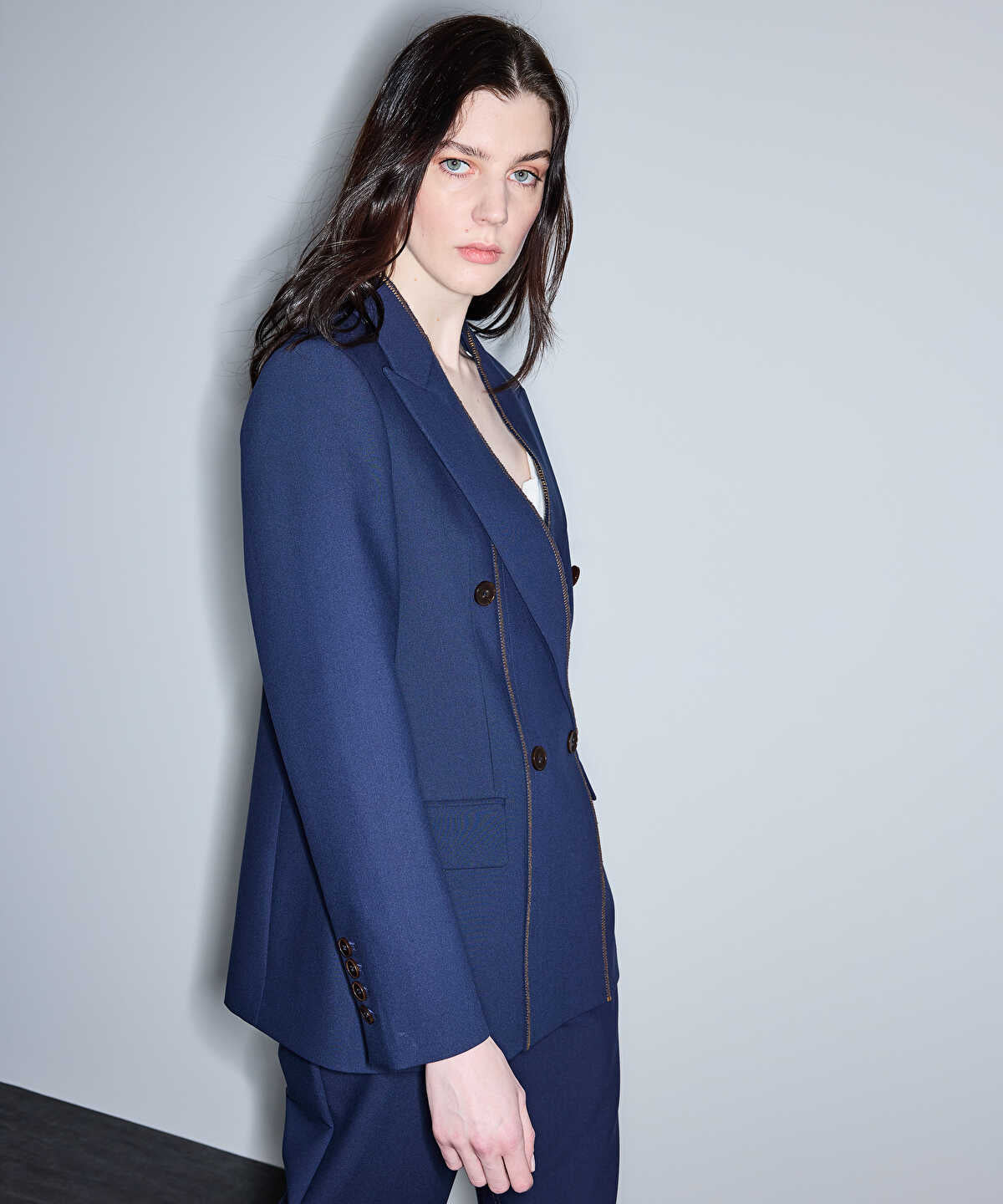 Contrast Stitch Double-Breasted Blazer