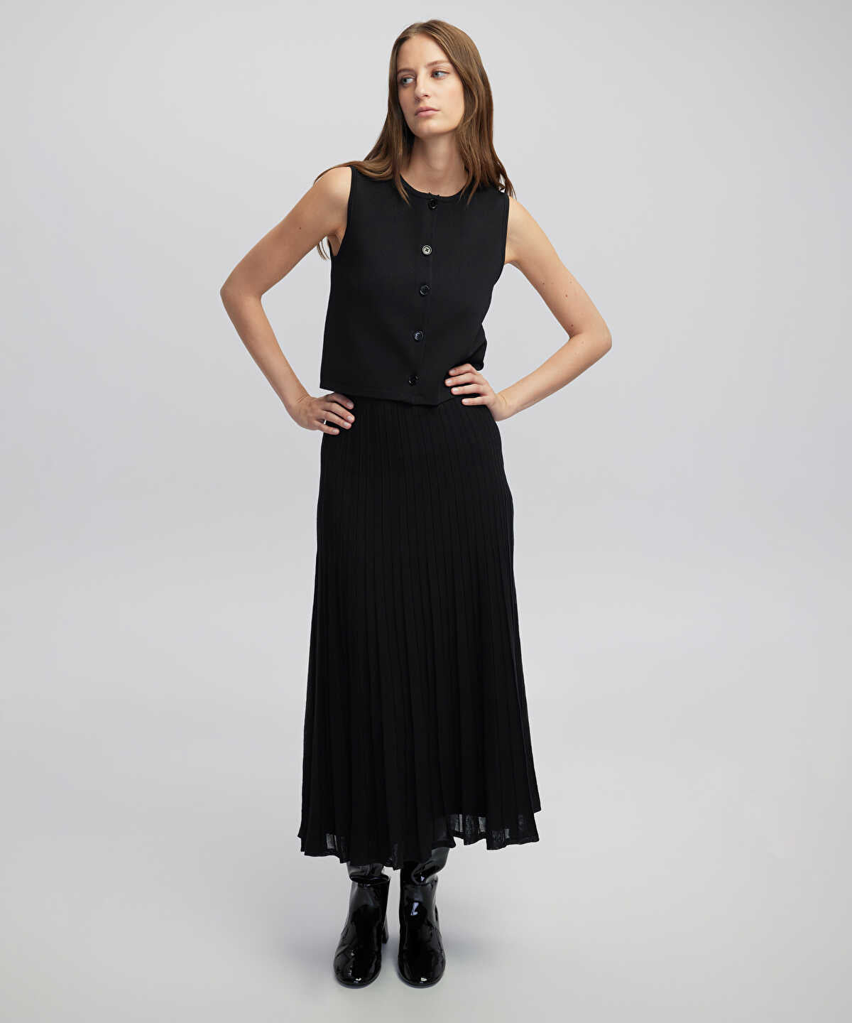 Pleated Knit Midi Dress