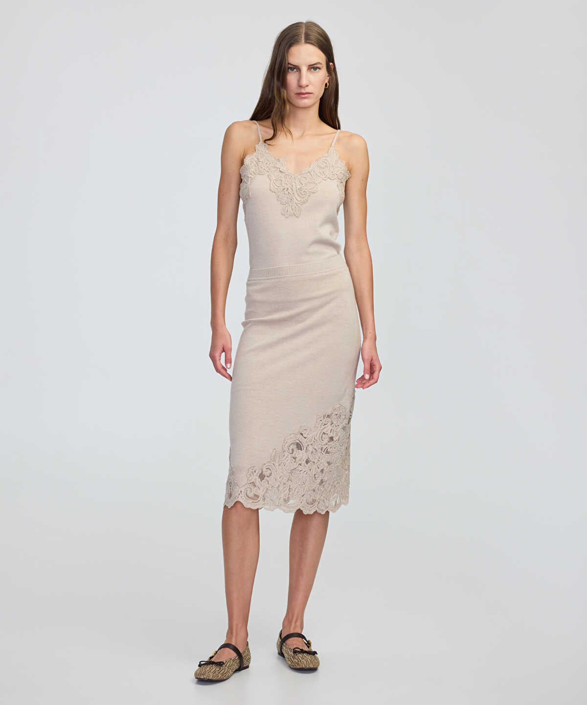 Lace-Applique Knit Skirt