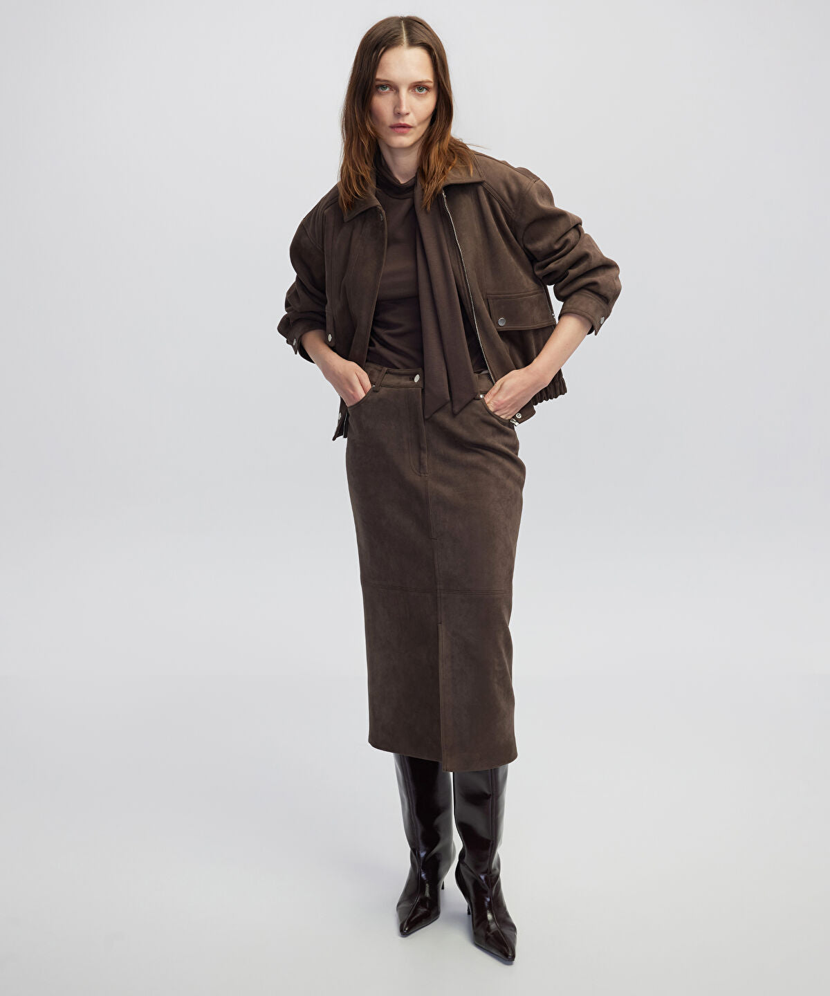 Suede-Effect Midi Skirt