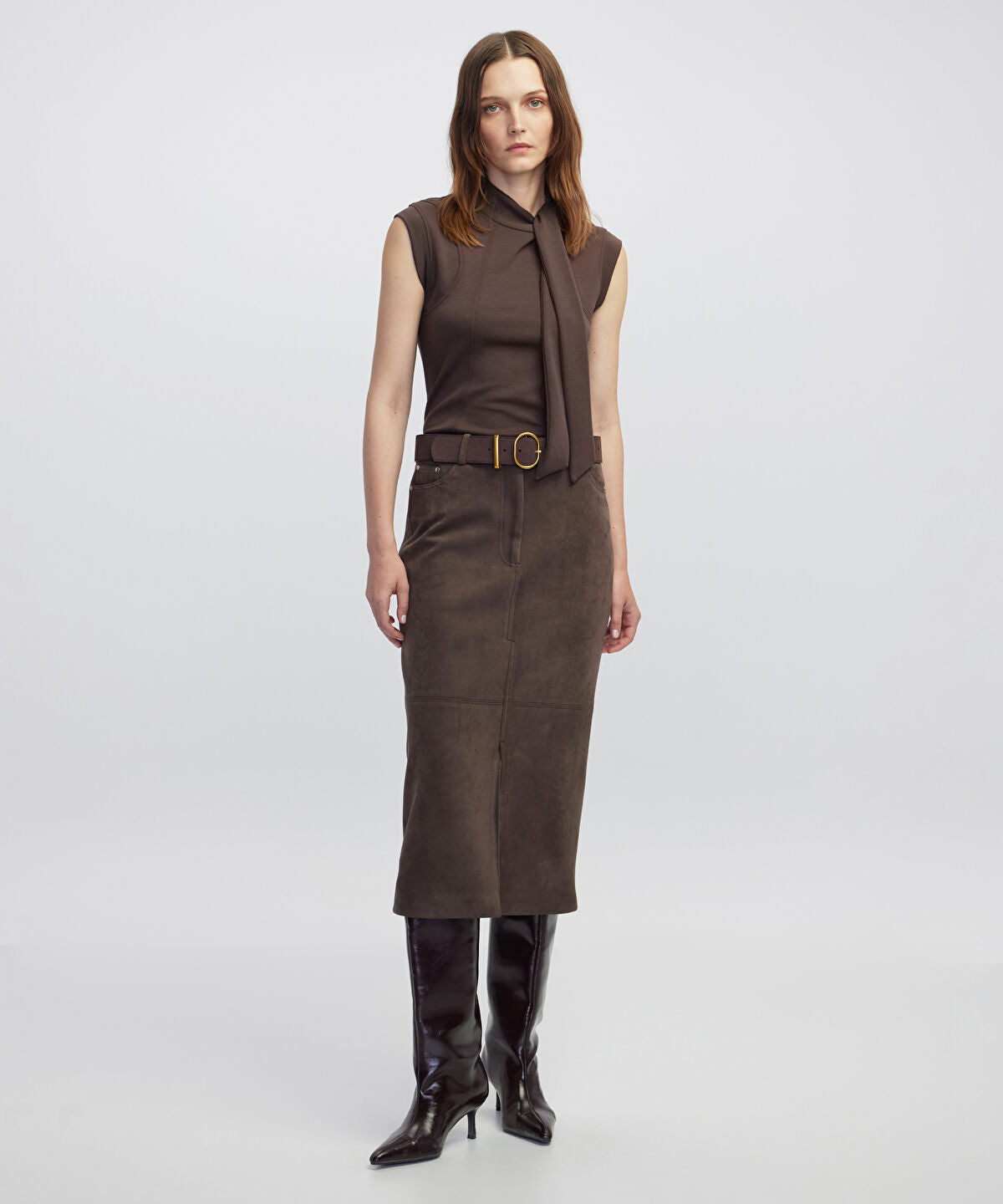 Suede-Effect Midi Skirt