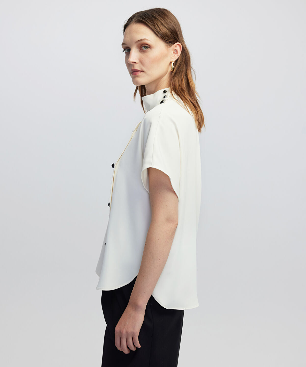 High-Neck Blouse with Contrast Buttons