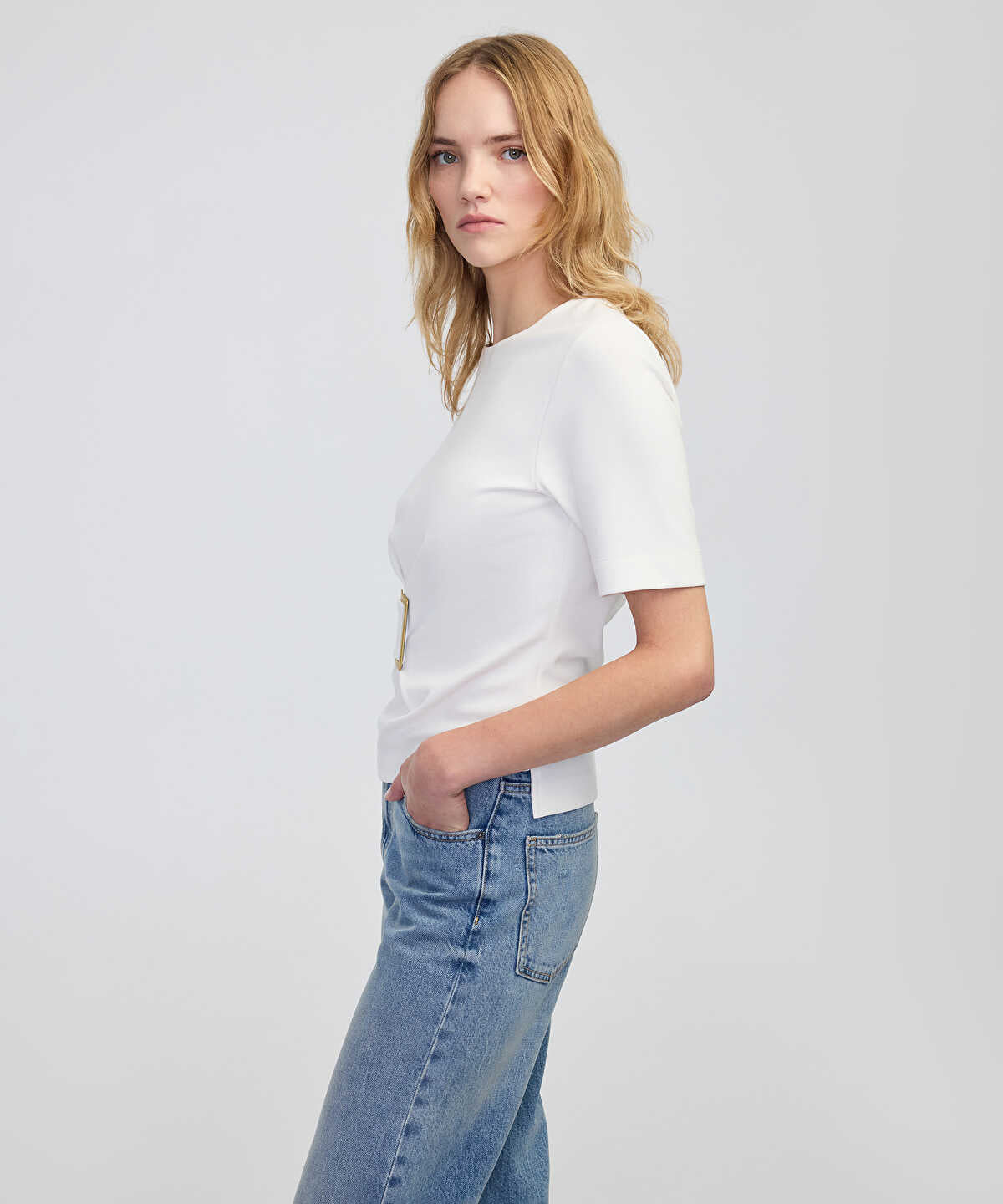 Short Sleeve Blouse with Buckle