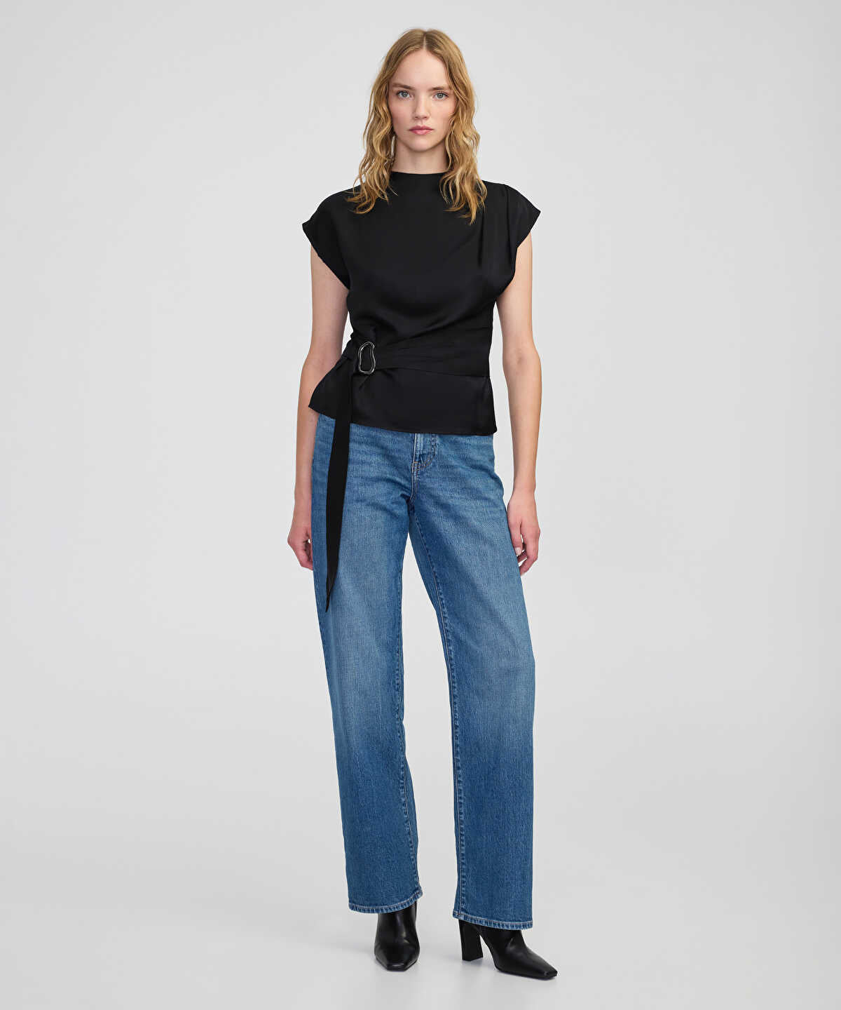 Satin-Effect Belted Blouse