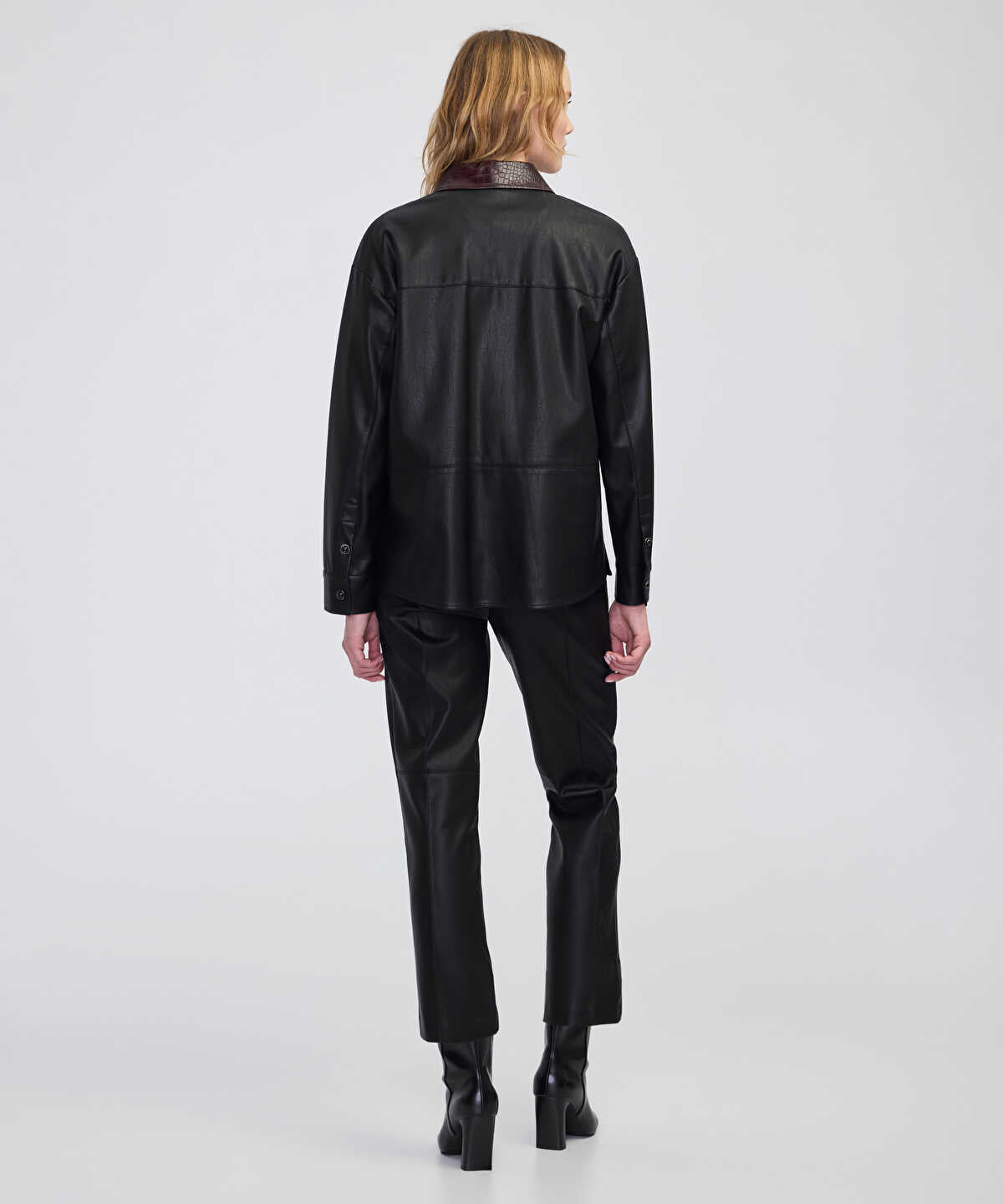 Contrast Collar Leather-Effect Shirt