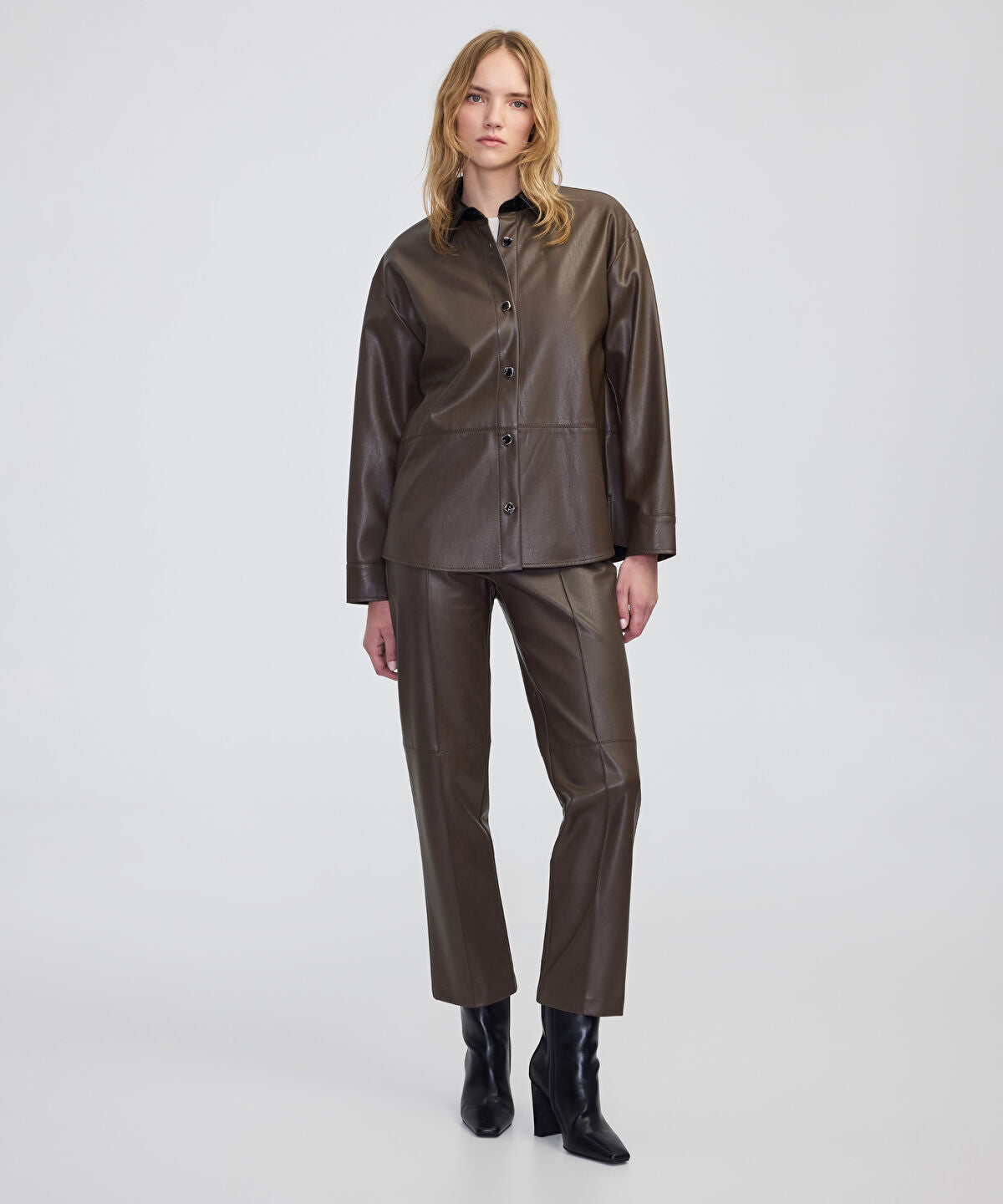 Contrast Collar Leather-Effect Shirt