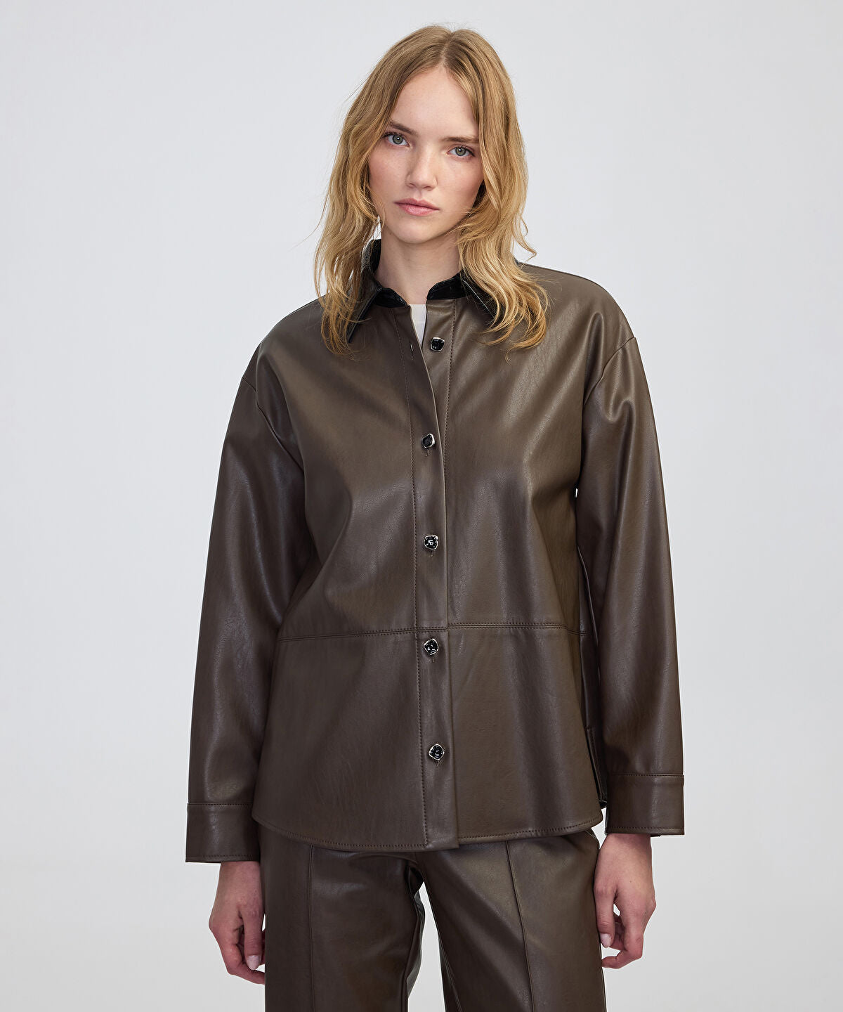 Contrast Collar Leather-Effect Shirt