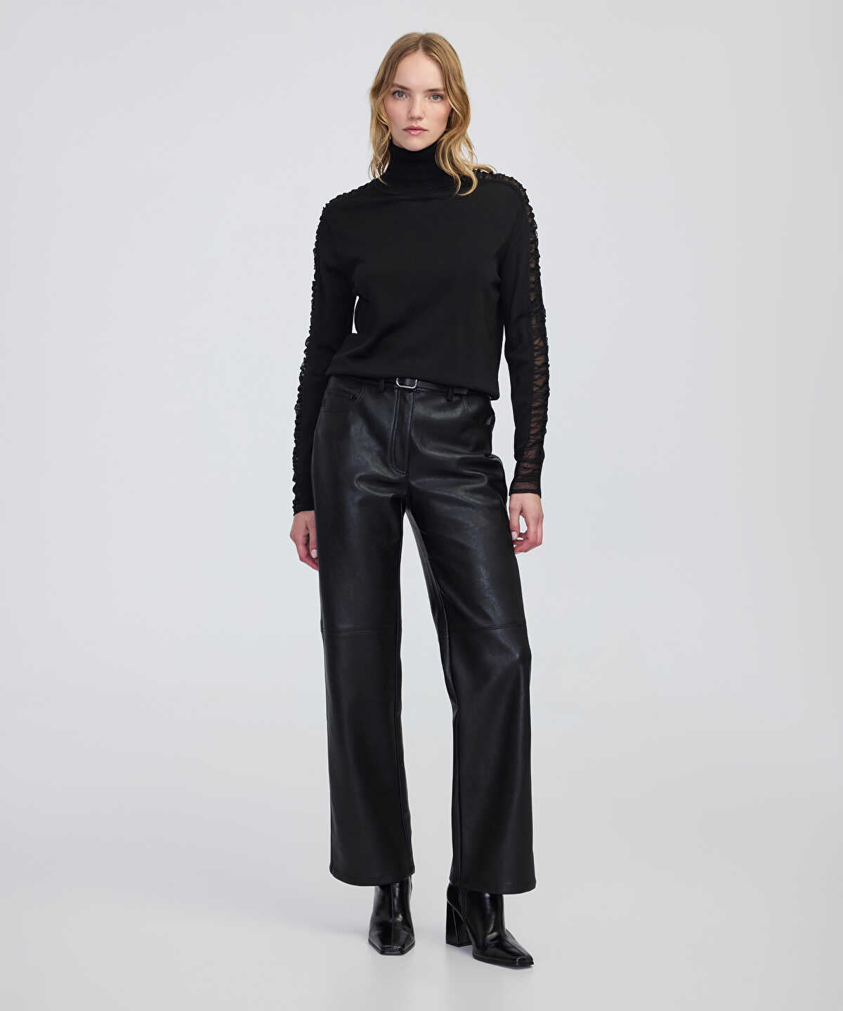 Draped Tulle-Sleeve Knit Top