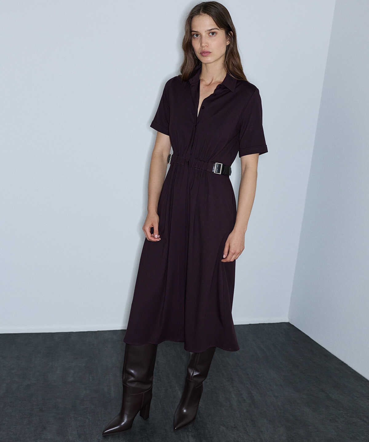 Dual-Buckle Belted Shirt Dress