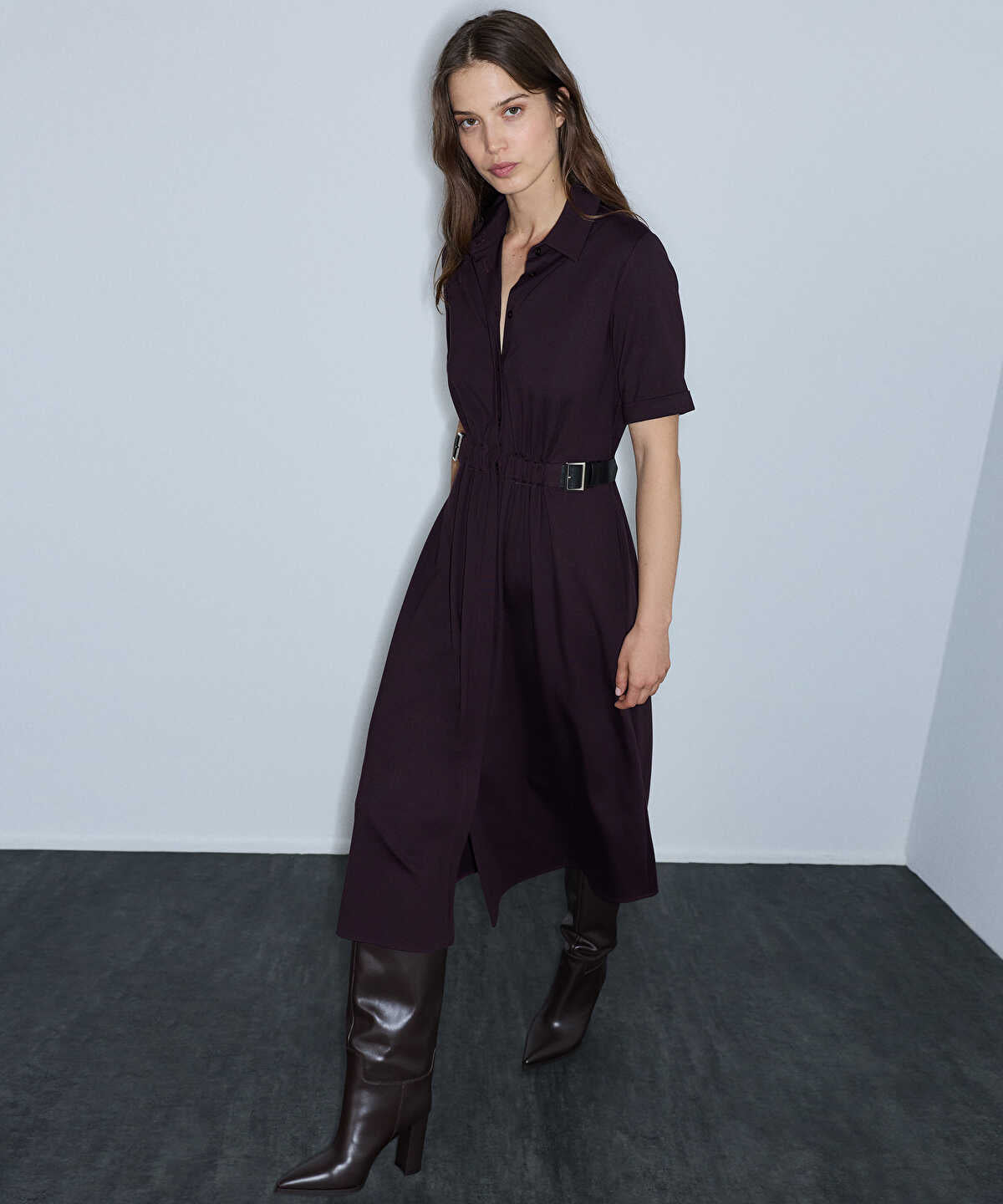 Dual-Buckle Belted Shirt Dress