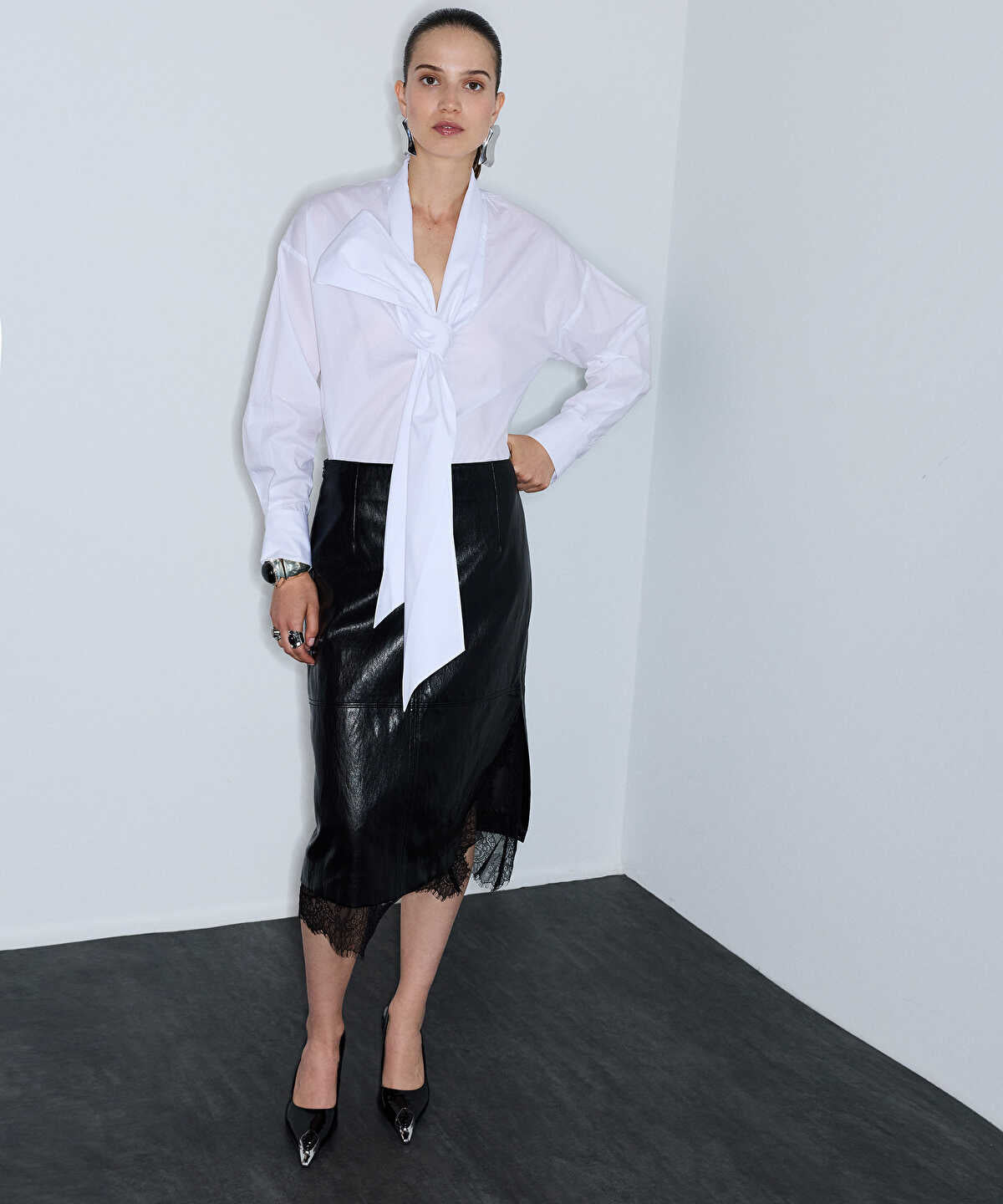 Lace-Trim Faux-Leather Skirt