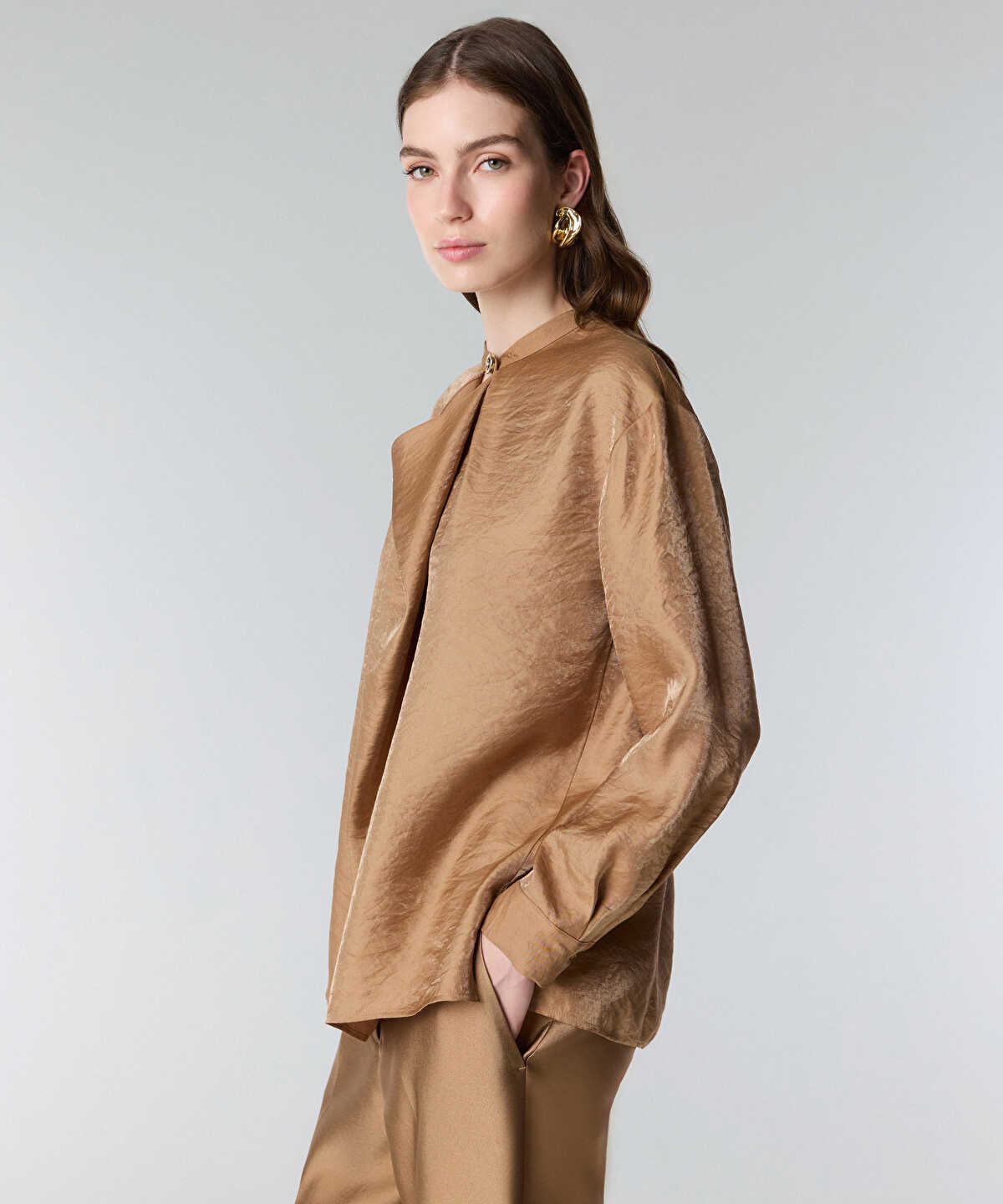 Draped-Neck Shimmer Blouse