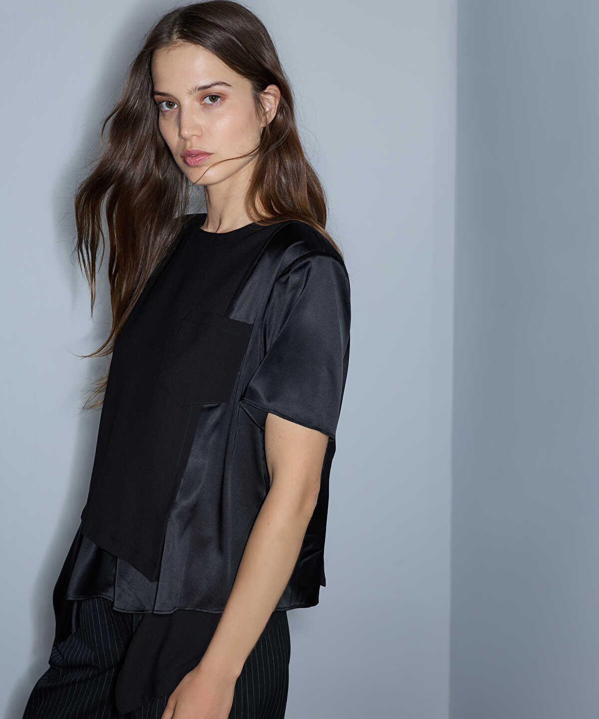 Mixed-Media Shoulder-Pad Blouse