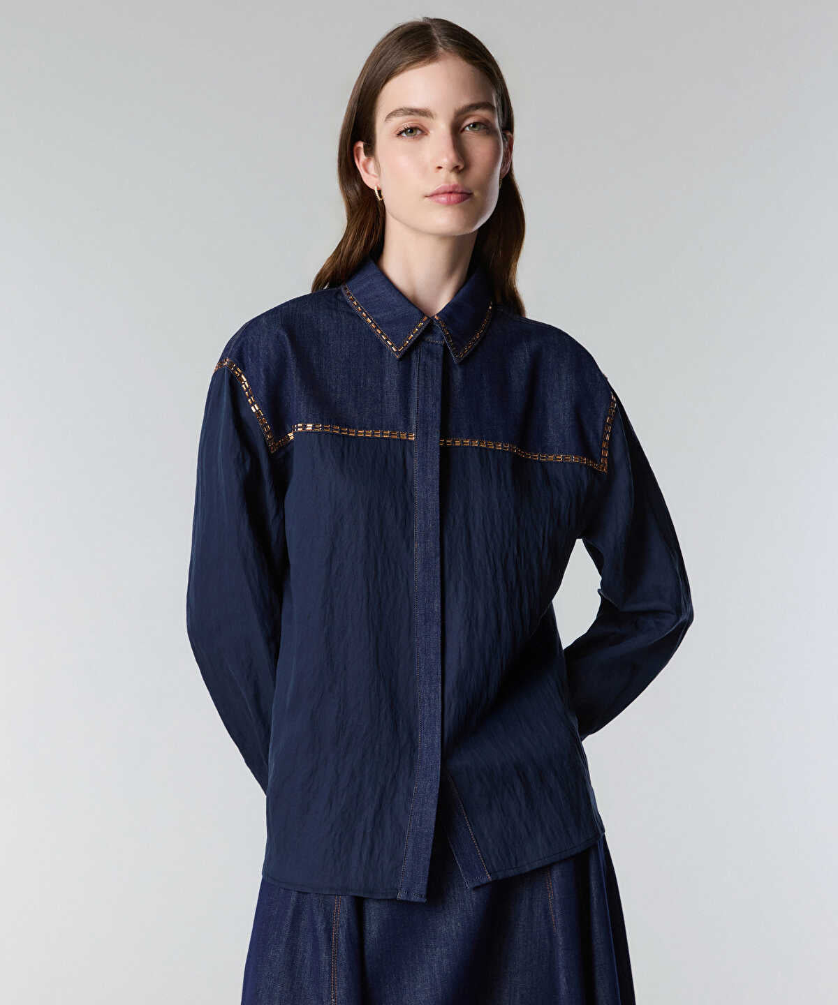 Rhinestone-Trim Denim Shirt