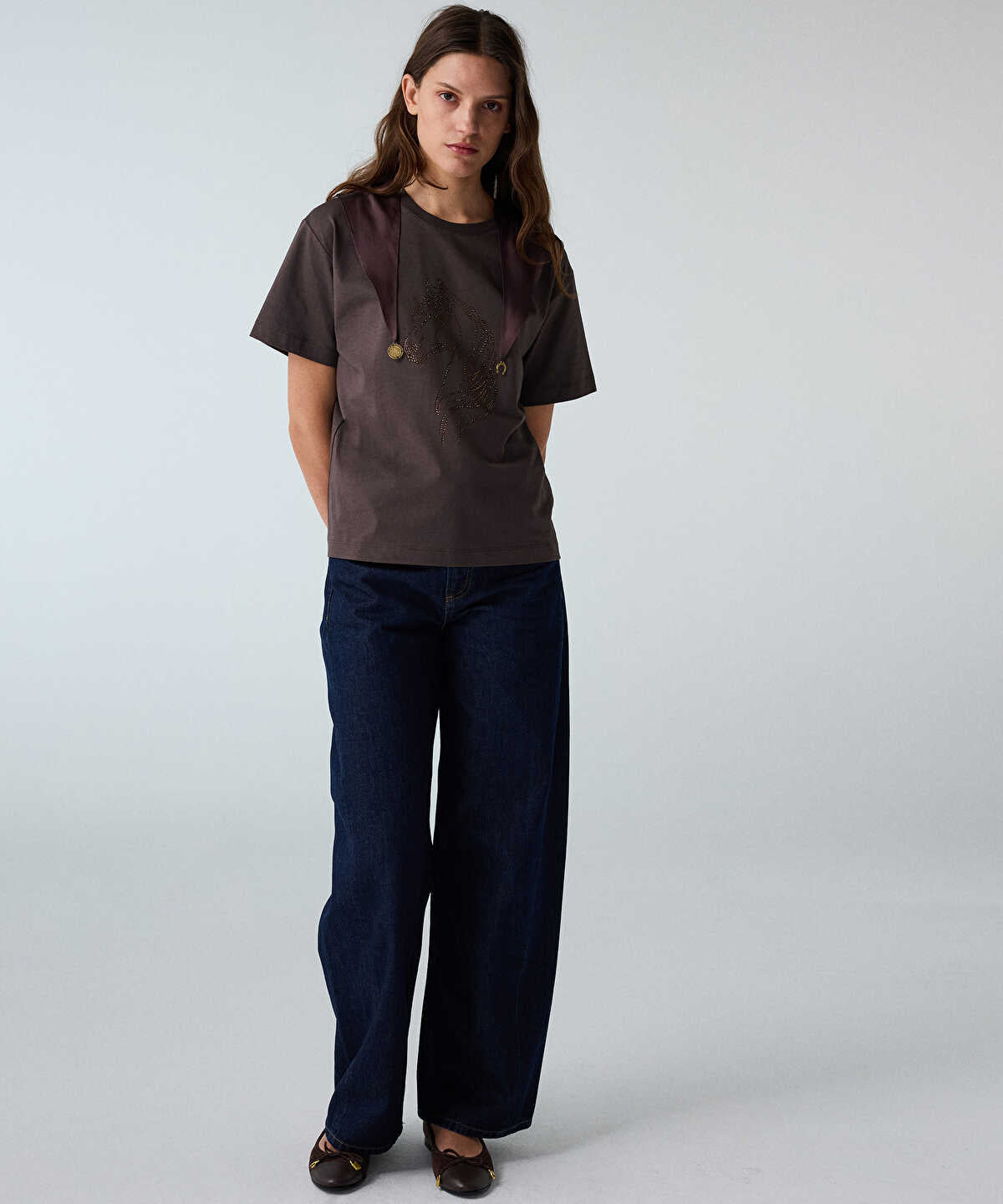 Rhinestone T-Shirt with Detachable Scarf