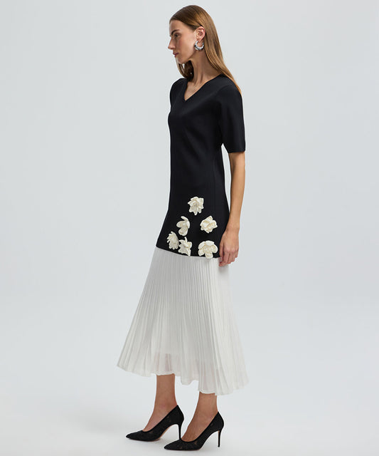 Color-Block Dress with Floral Applique