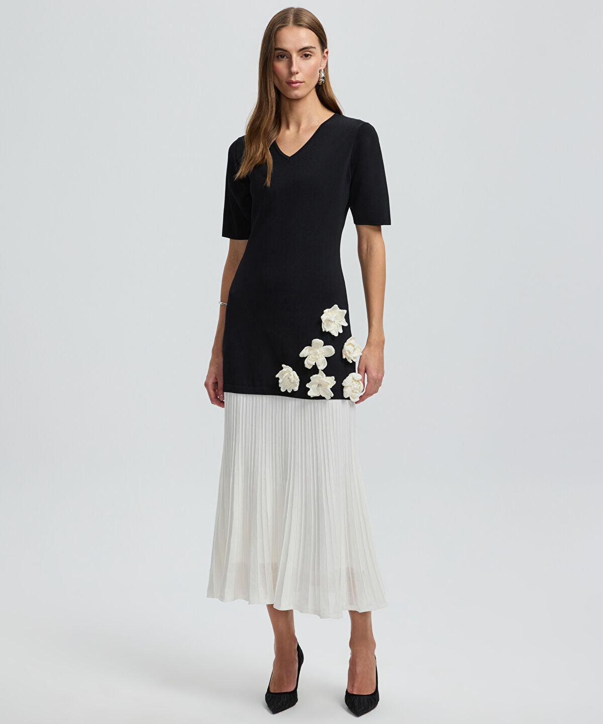 Zoomed Color-Block Dress with Floral Applique