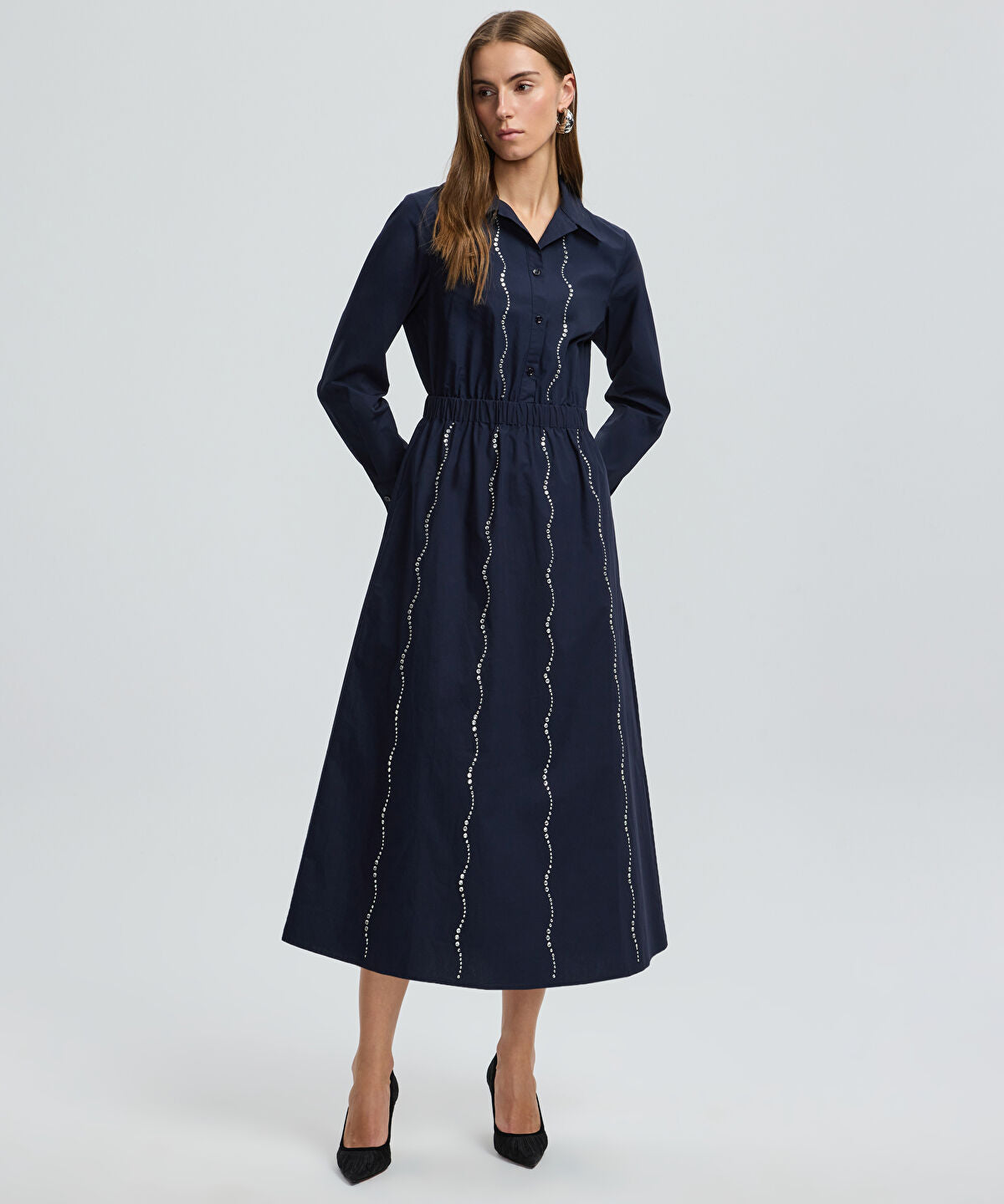 Zoomed Rhinestone Embellished Poplin Dress