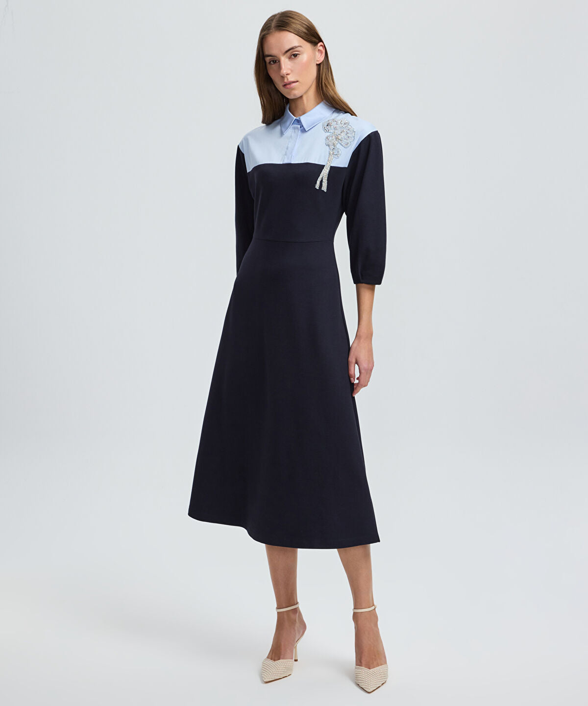 Zoomed Floral Applique Color-Block Dress