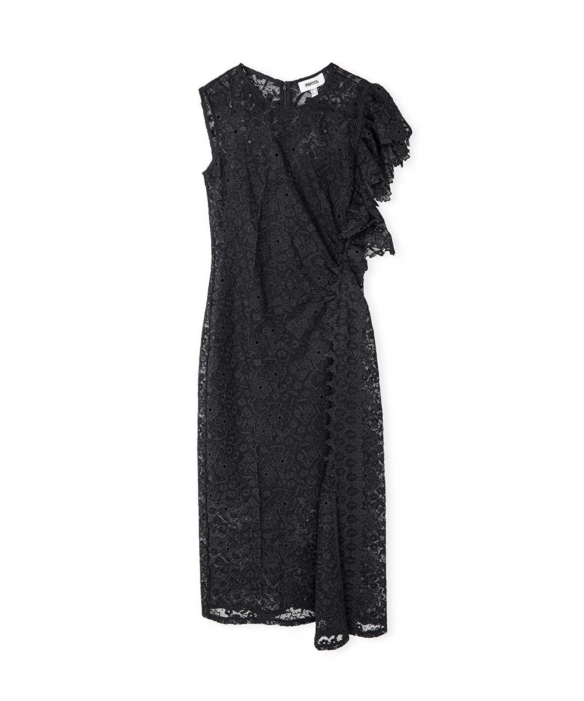 Zoomed Asymmetric Lace Midi Dress