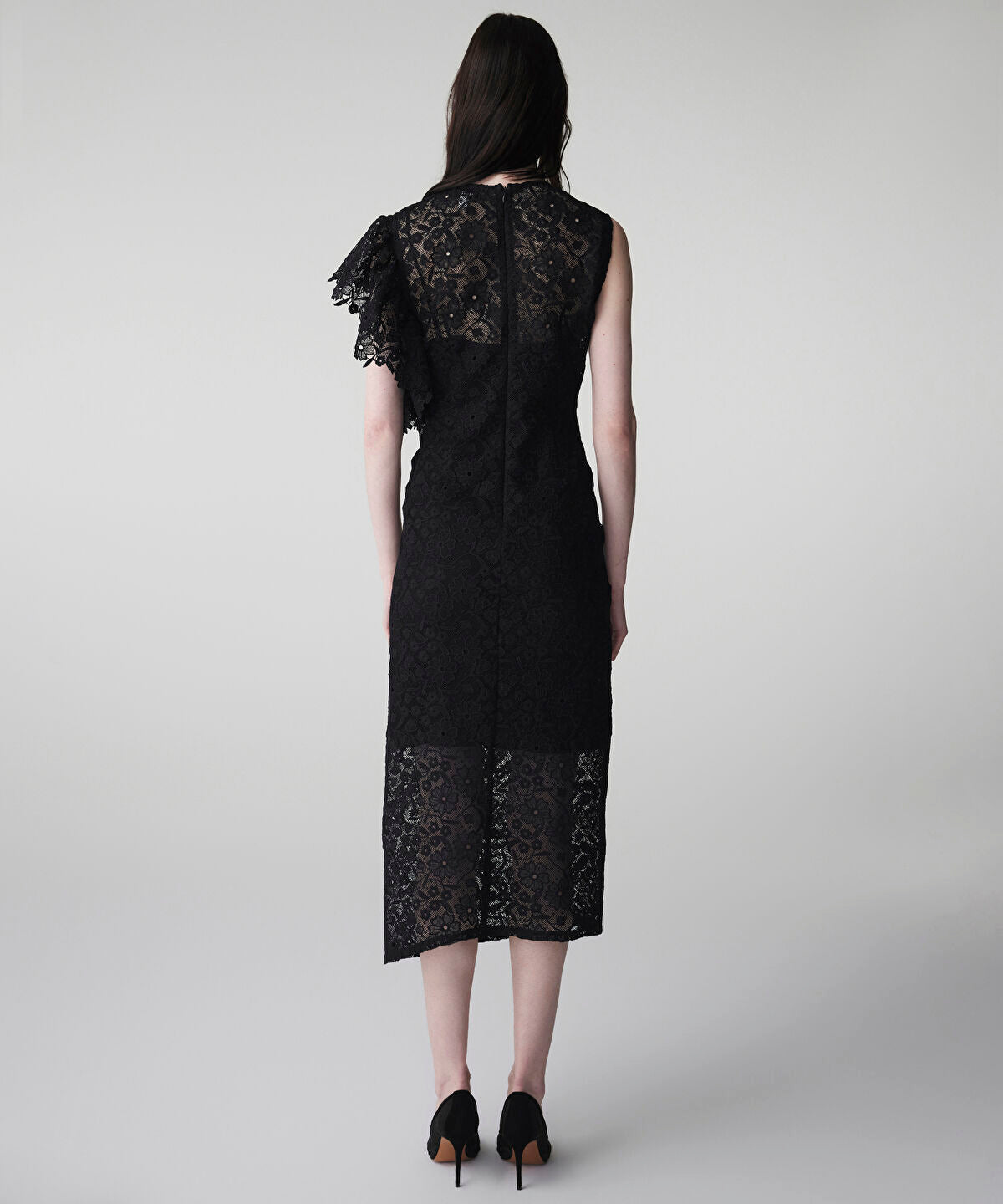 Zoomed Asymmetric Lace Midi Dress