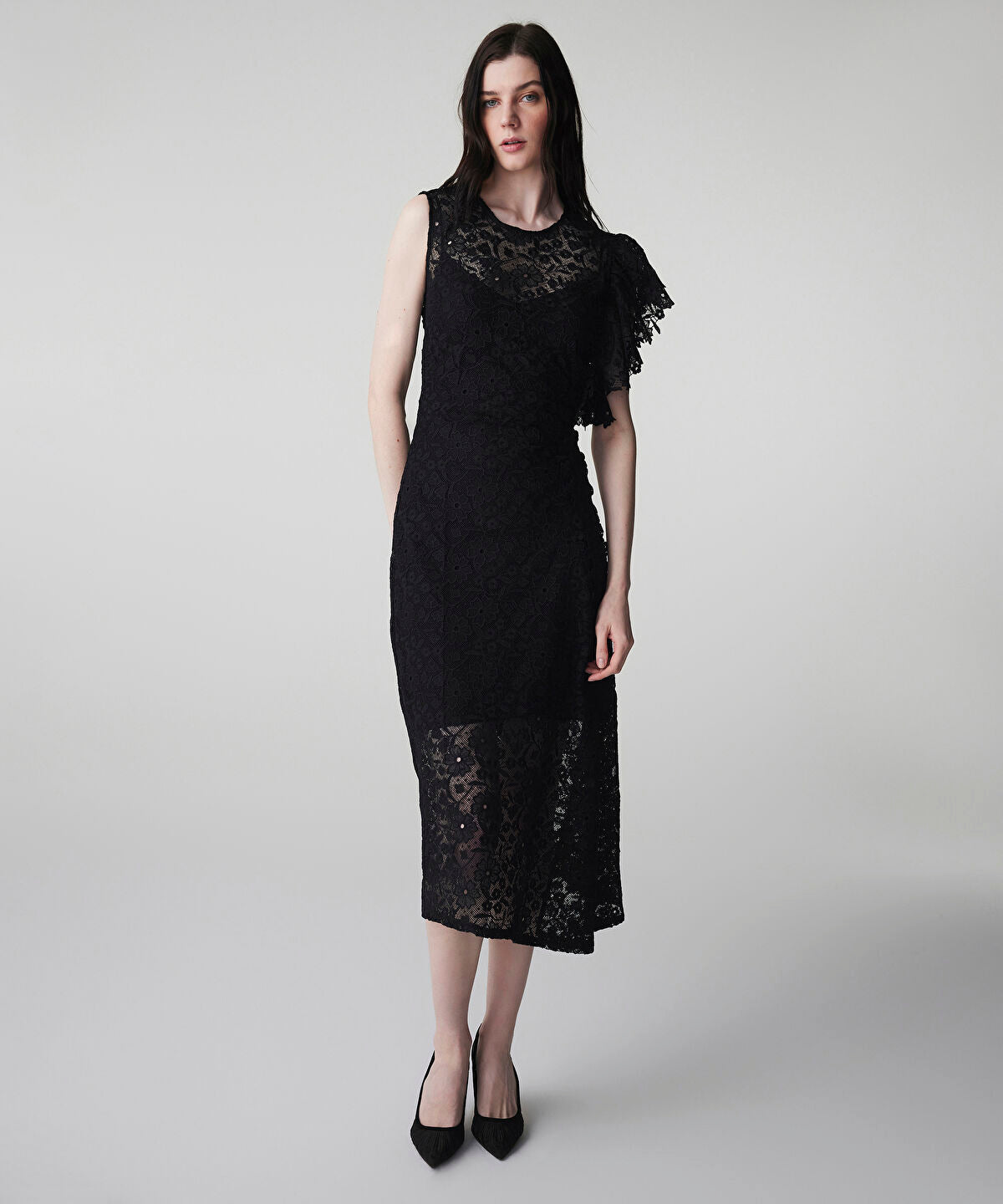 Zoomed Asymmetric Lace Midi Dress