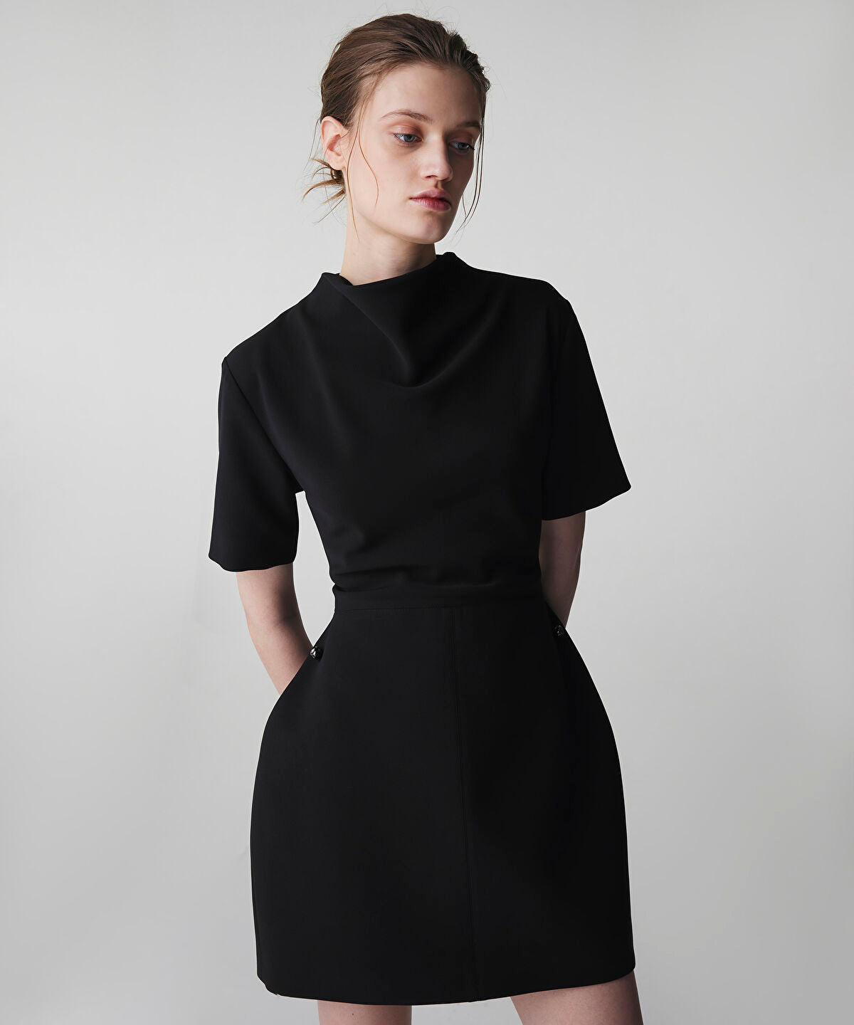 Zoomed Sculpted Draped Neck Mini Dress