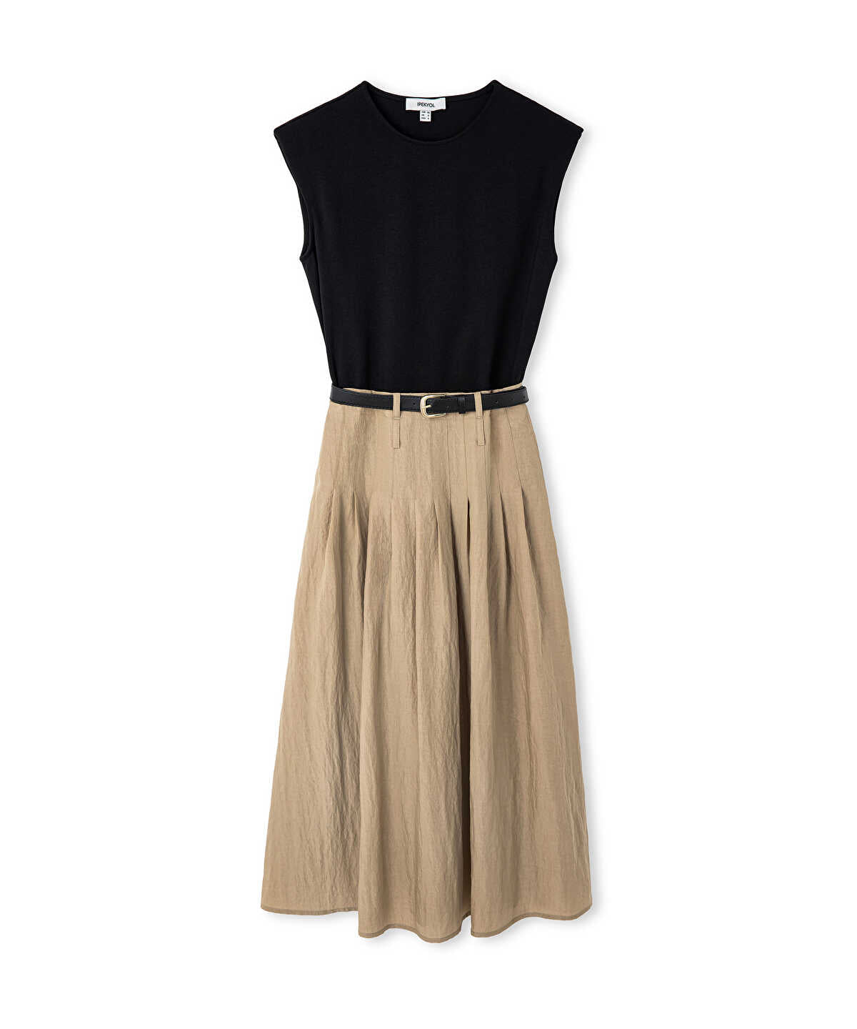 Belted Combination Midi Dress