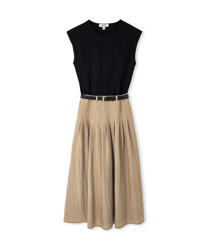 Belted Combination Midi Dress