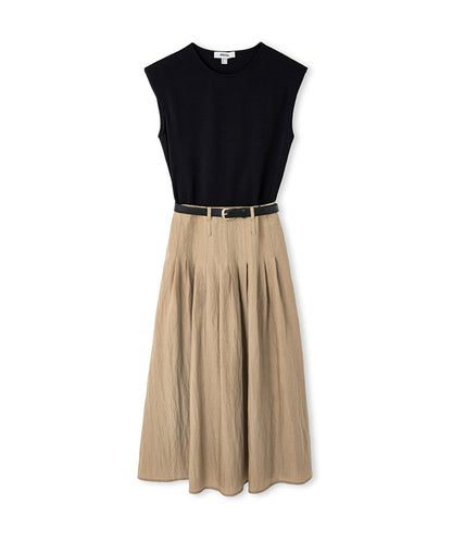 Belted Combination Midi Dress