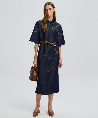 Contrast Trim Denim Shirt Dress