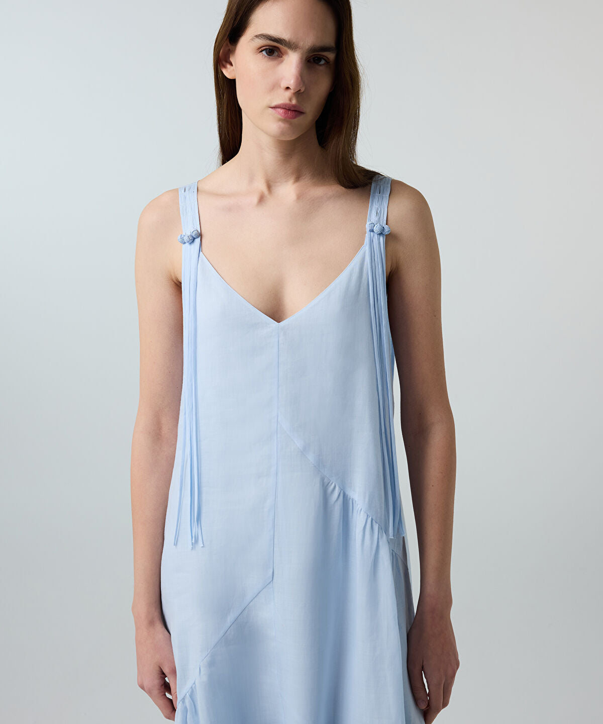 Zoomed Tassel-Strap Linen Dress