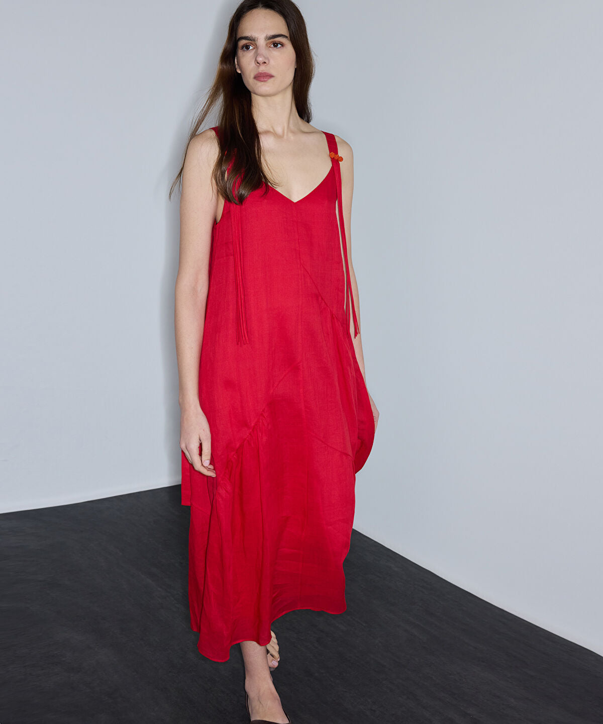 Zoomed Tassel-Strap Linen Dress