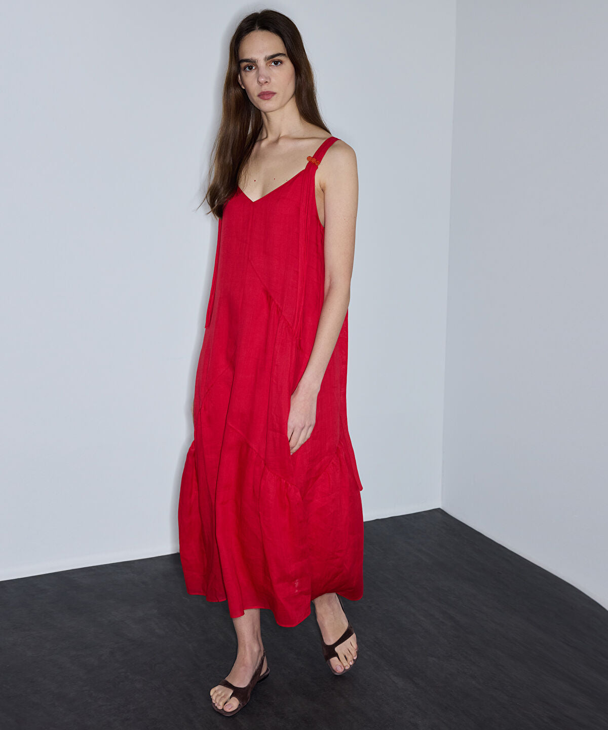Zoomed Tassel-Strap Linen Dress