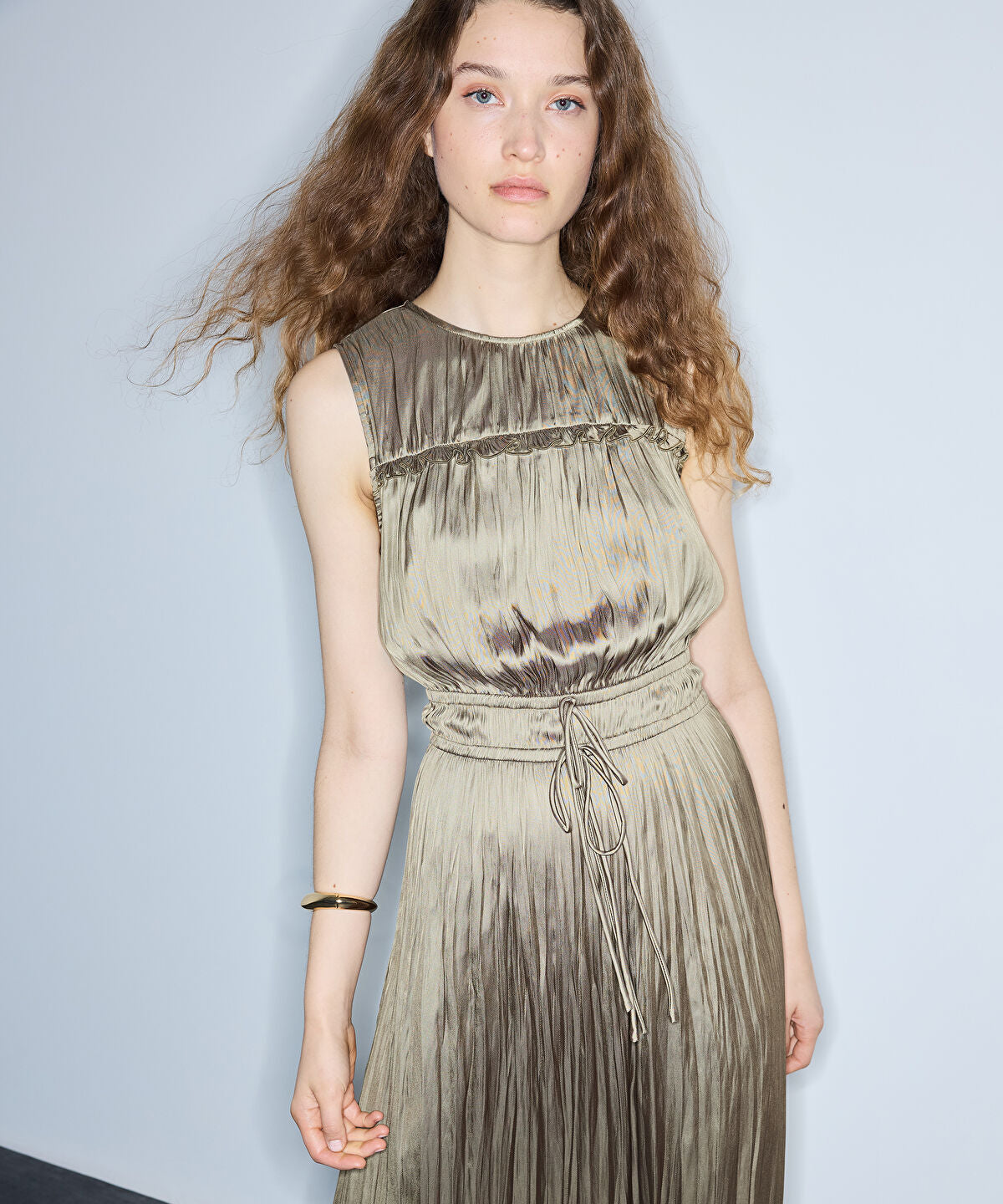 Zoomed Satin-Effect Pleated Midi Dress