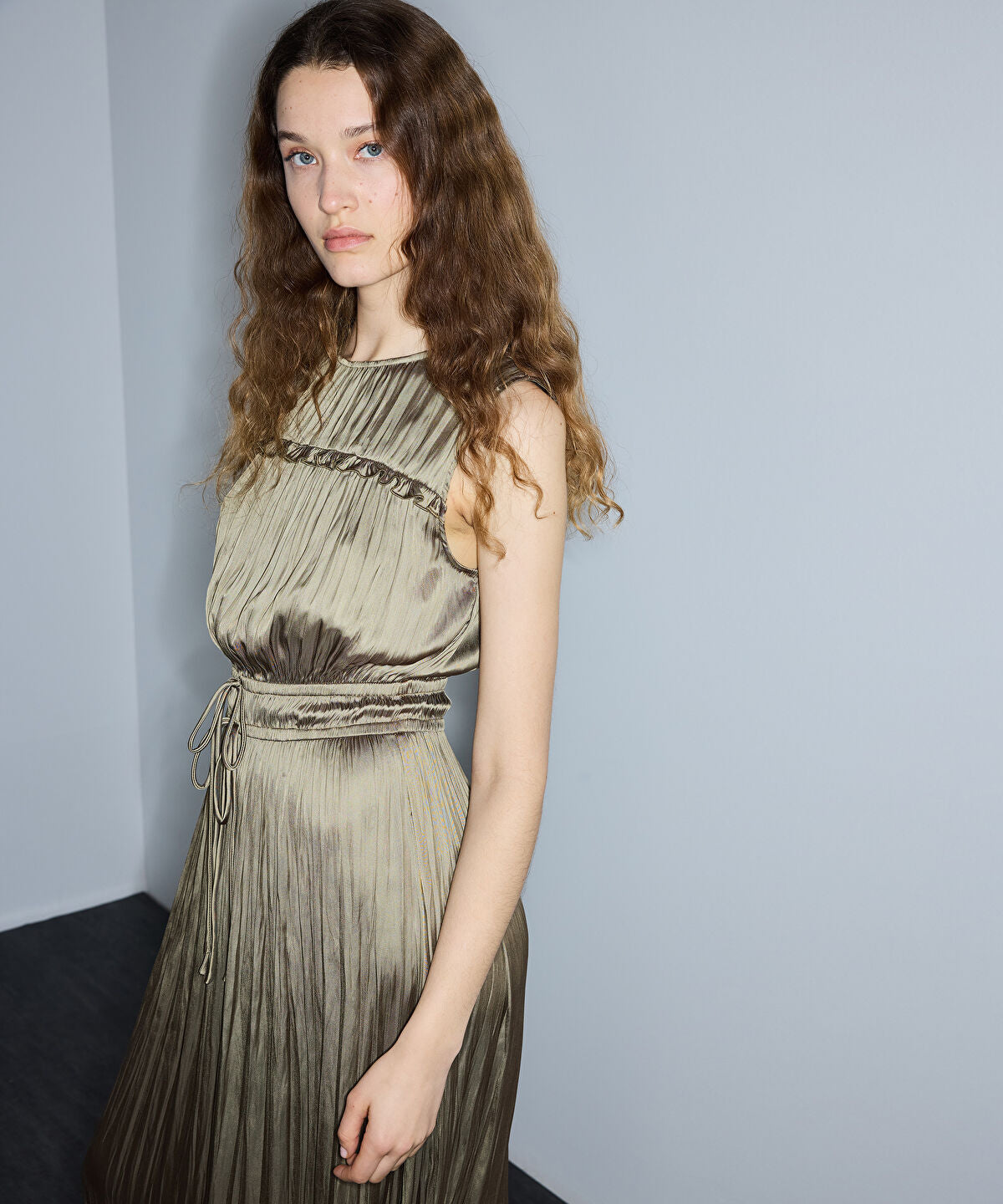 Zoomed Satin-Effect Pleated Midi Dress