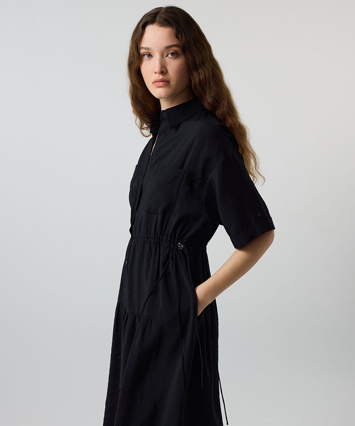 Zoomed Adjustable Cinch-Waist Shirt Dress