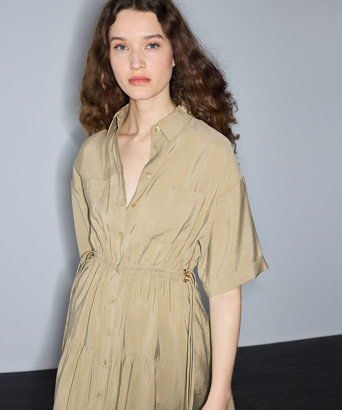 Adjustable Cinch-Waist Shirt Dress