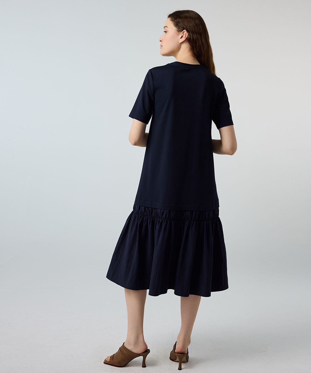 Zoomed Mixed-Media Ruffled Midi Dress