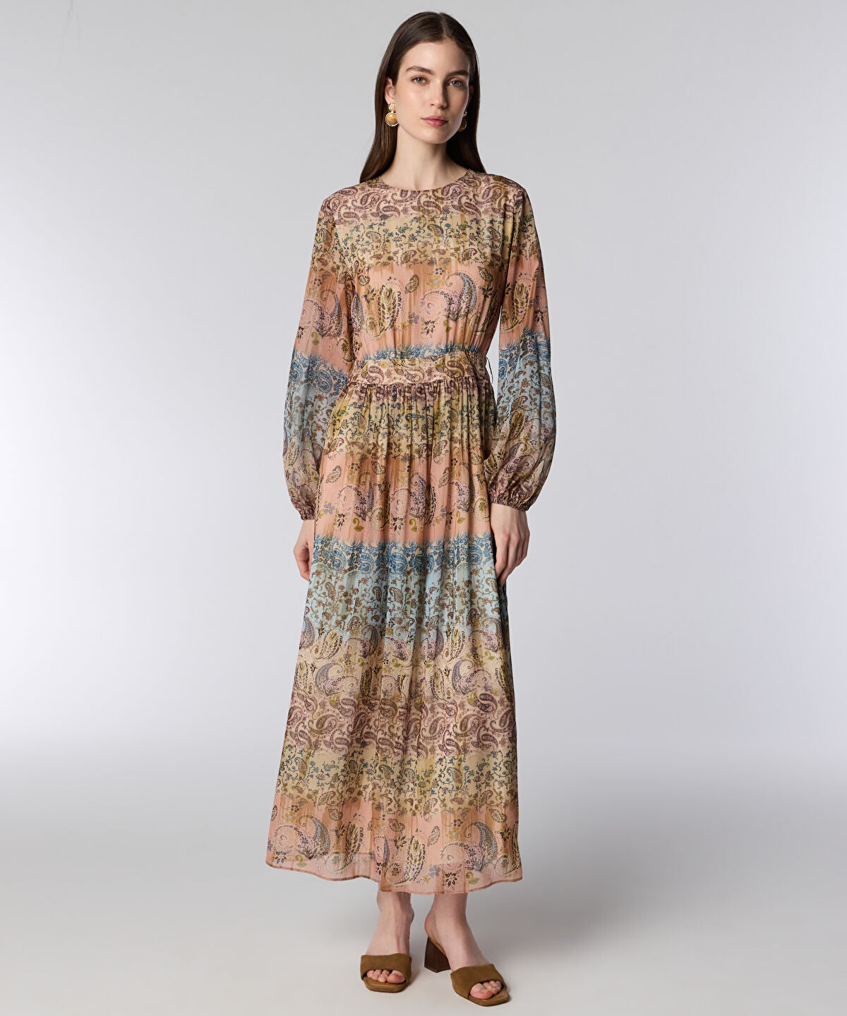 Zoomed Balloon-Sleeve Printed Midi Dress