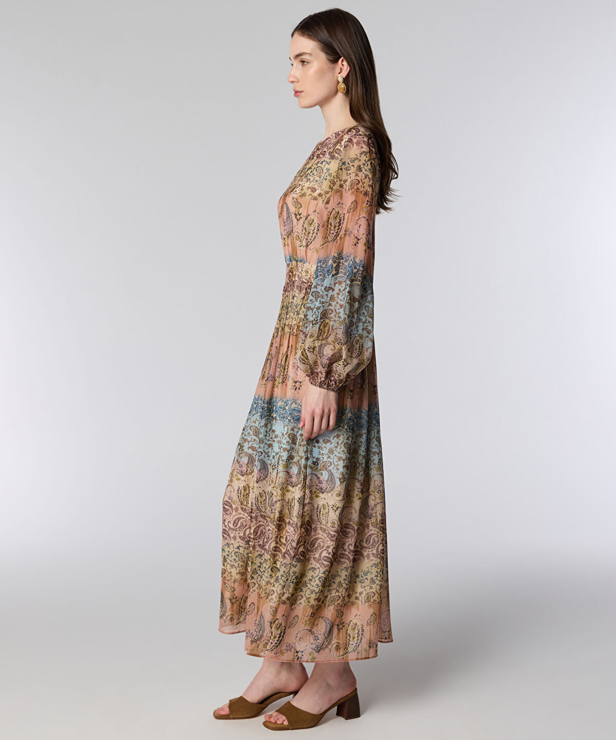 Zoomed Balloon-Sleeve Printed Midi Dress