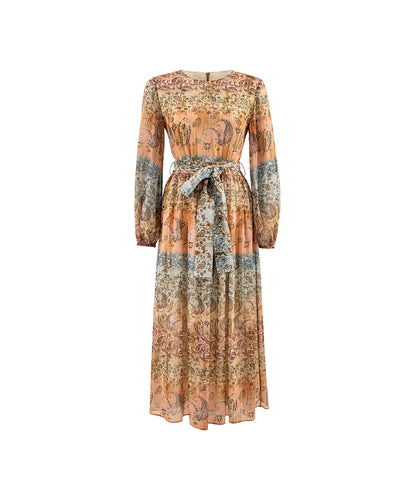 Balloon-Sleeve Printed Midi Dress
