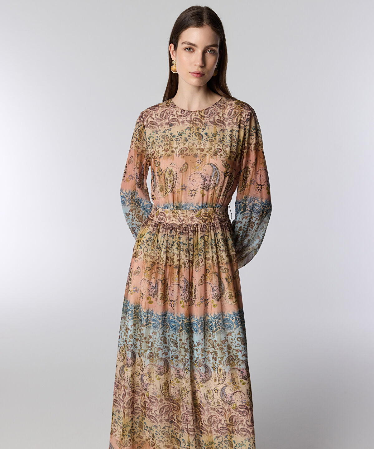 Zoomed Balloon-Sleeve Printed Midi Dress