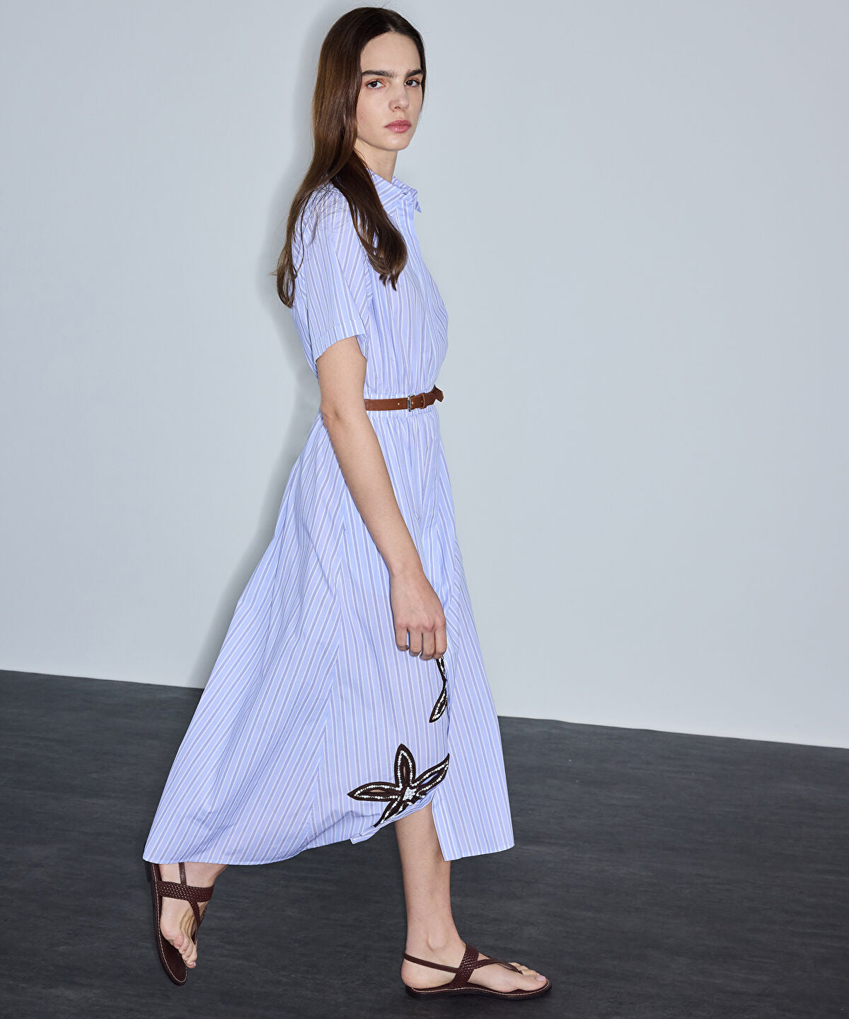 Contrast-Belted Embroidered Dress