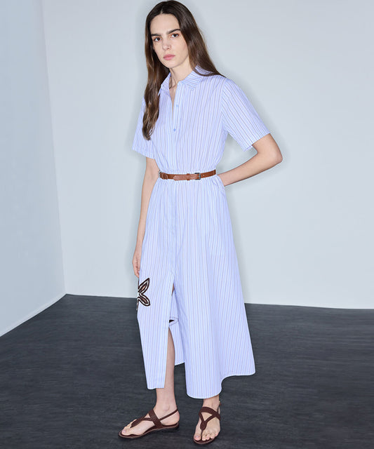 Contrast-Belted Embroidered Dress