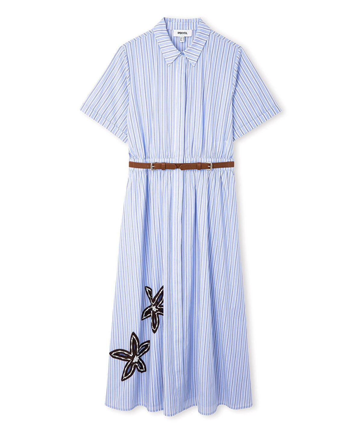 Zoomed Contrast-Belted Embroidered Dress